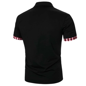 Rear view of black men's polo shirt featuring red and white checkered sleeve cuffs