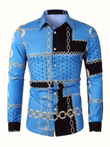 Close-up of men's long sleeve shirt with gold chain print and black polka dot details