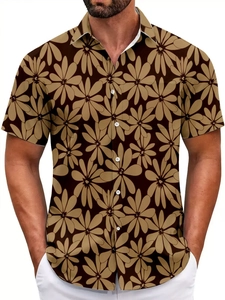 Close-up of vintage sunflower print and white button closure on summer Hawaiian shirt