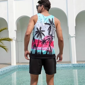 Men's summer tank top with tropical palm tree print and black casual shorts set