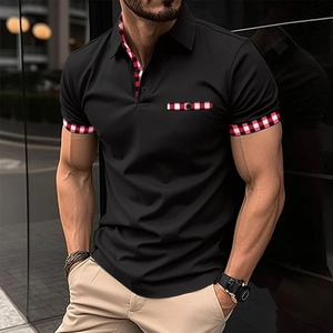Men's slim fit black polo shirt with red plaid trim on collar and pocket detail