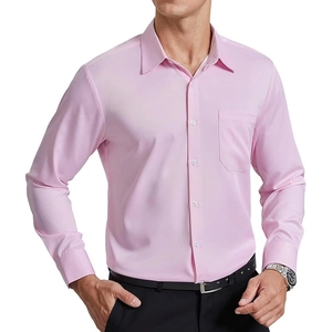 Detail of light pink men's long sleeve shirt showing classic collar and white buttons