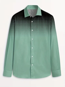 Detail of men's long sleeve shirt featuring black to green gradient and dot patterns