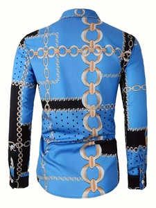 Back view of men's slim-fit long sleeve shirt with golden chain print and black accents