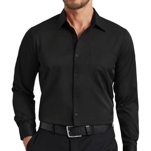 Detailed close-up of a men's black slim fit dress shirt with classic collar and pocket