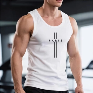 Detail of white men's tank top with black vertical lines and PARIS print design