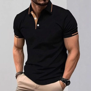Detail of contrast stripe collar and white buttons on black short sleeve polo shirt