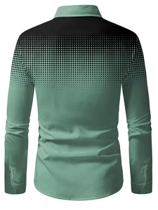 Detail view of the back design on a sage green long sleeve shirt with black polka dot print