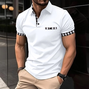 Men's slim fit white Polo shirt with checkered trim on collar and sleeves