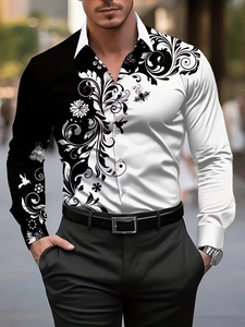 Detail of men's long sleeve shirt with contrast black and white floral vine prints