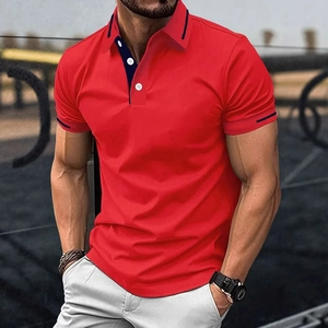 Close-up of red men's Polo shirt with navy blue contrast stripes on collar and cuffs
