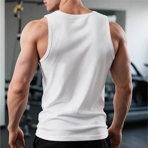 Men's white sports tank top featuring a racerback cut shown from a back view in gym