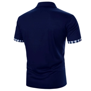 Back view of men's navy blue polo shirt with stylish plaid pattern detail on the sleeve cuffs