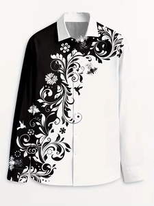 Detailed view of long sleeve shirt with black and white contrast floral and bird prints