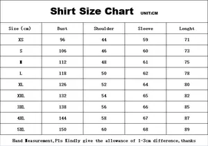 Detailed size chart for men's casual long sleeve shirt showing XS to 5XL measurements in CM