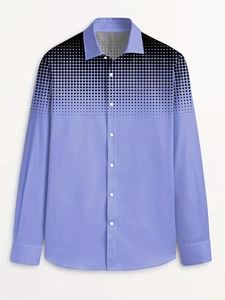 Close-up of mens light blue shirt featuring black gradient halftone polka dot prints