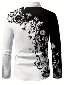 Macro view of men's long sleeve shirt featuring black and white floral vine patterns