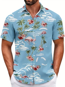 Close-up of tropical print detail with flamingos and palm trees on men's beach shirt