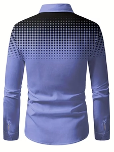 Rear view of men's long-sleeve shirt featuring blue-purple gradient with black polka dots