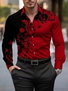Detail of men's long-sleeve shirt with red and black baroque scroll pattern and pearl buttons