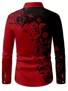 Rear view of men's long sleeve shirt with red and black baroque floral print and patchwork