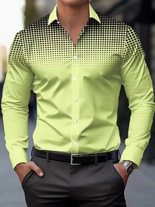 Detailed view of men's lime green long sleeve shirt with black polka dot gradient design