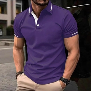 Detail of dark purple polo shirt featuring white striped cuffs and a contrasting inner placket