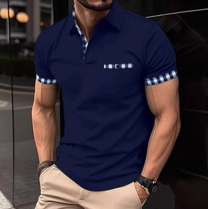 Men's Short Sleeve Polo Shirt Plaid Splicing Contrast Trim Casual Business Urban Top Breathable Pique Mesh Sport Polo For Men