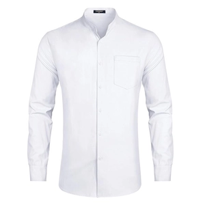Detail of white mandarin collar shirt showing chest pocket and smooth fabric texture