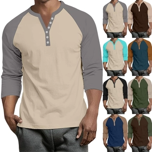 Haut Henley Décontracté pour Hommes Manches Longues Raglan Bloc de Couleur Contraste Tricoté Patte de Boutonnage Mode Urbaine