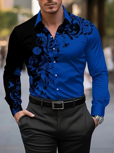 Detail view of men's slim fit shirt featuring blue floral print and hummingbird pattern