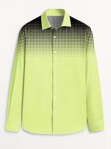 Detail of men's long sleeve shirt featuring vibrant green color and black gradient dots