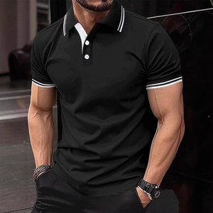 Detail of the slim fit polo shirt neckline with three buttons and white striped trim
