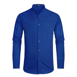 Detail shot of royal blue mandarin collar shirt with chest pocket and premium texture