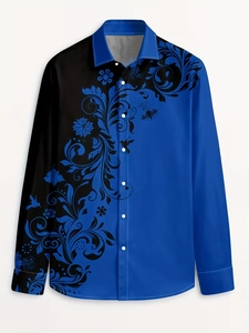 Close-up of men's long sleeve shirt featuring dark blue floral hummingbird patterns