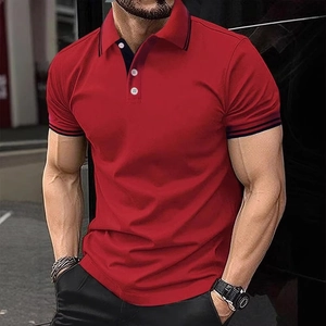 Close-up detail of red polo shirt collar with navy stripes and white buttons