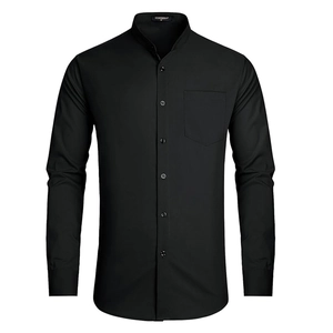 Detail of mandarin collar and chest pocket on men's black long sleeve casual shirt