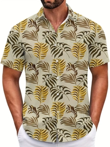 Detailed view of the classic lapel and breast pocket on this palm leaf Hawaiian shirt
