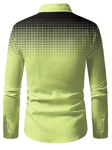 Rear view of fluorescent green men's long sleeve shirt with black gradient polka dot pattern