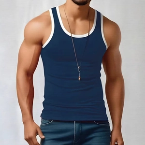 Slim fit navy blue men's tank top with white contrast piping and U-neckline style