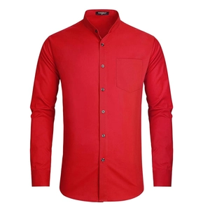 Detail view of red long-sleeved shirt featuring mandarin collar and chest pocket