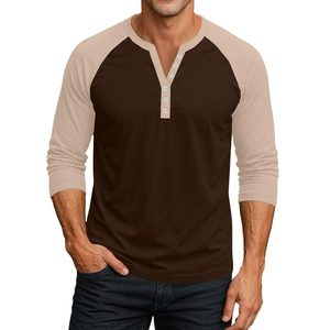 Polo Henley à manches longues pour homme avec manches raglan contrastées en marron et beige