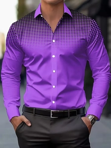 Detail of men's purple gradient polka dot shirt with white buttons and collar close-up