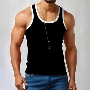 Men's slim fit black athletic tank top with contrast white ribbing and racerback