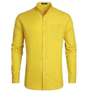 Detail of mandarin collar and button pocket on men's yellow long sleeve shirt