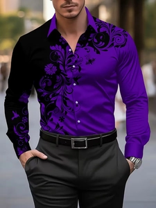 Detail of purple and black patchwork long-sleeve shirt with floral scroll patterns