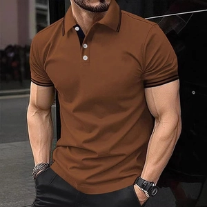 Close-up of brown polo shirt featuring black contrast stripes on collar and short sleeves
