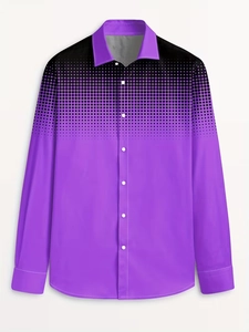 Detail of men's long sleeve shirt with purple gradient and halftone polka dot patterns