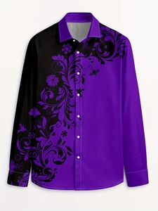 Detail of long sleeve shirt with black and purple floral vine patterns and white buttons