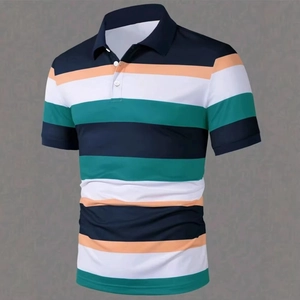 Detail of multi-color striped Polo shirt showing the collar and button placket